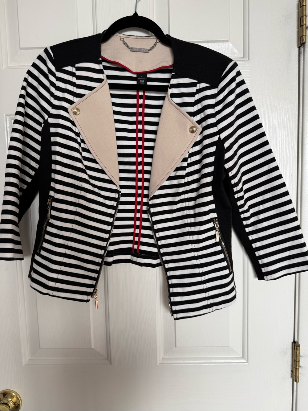 WHBM Striped women's moto jacket with cream lapel -size 8